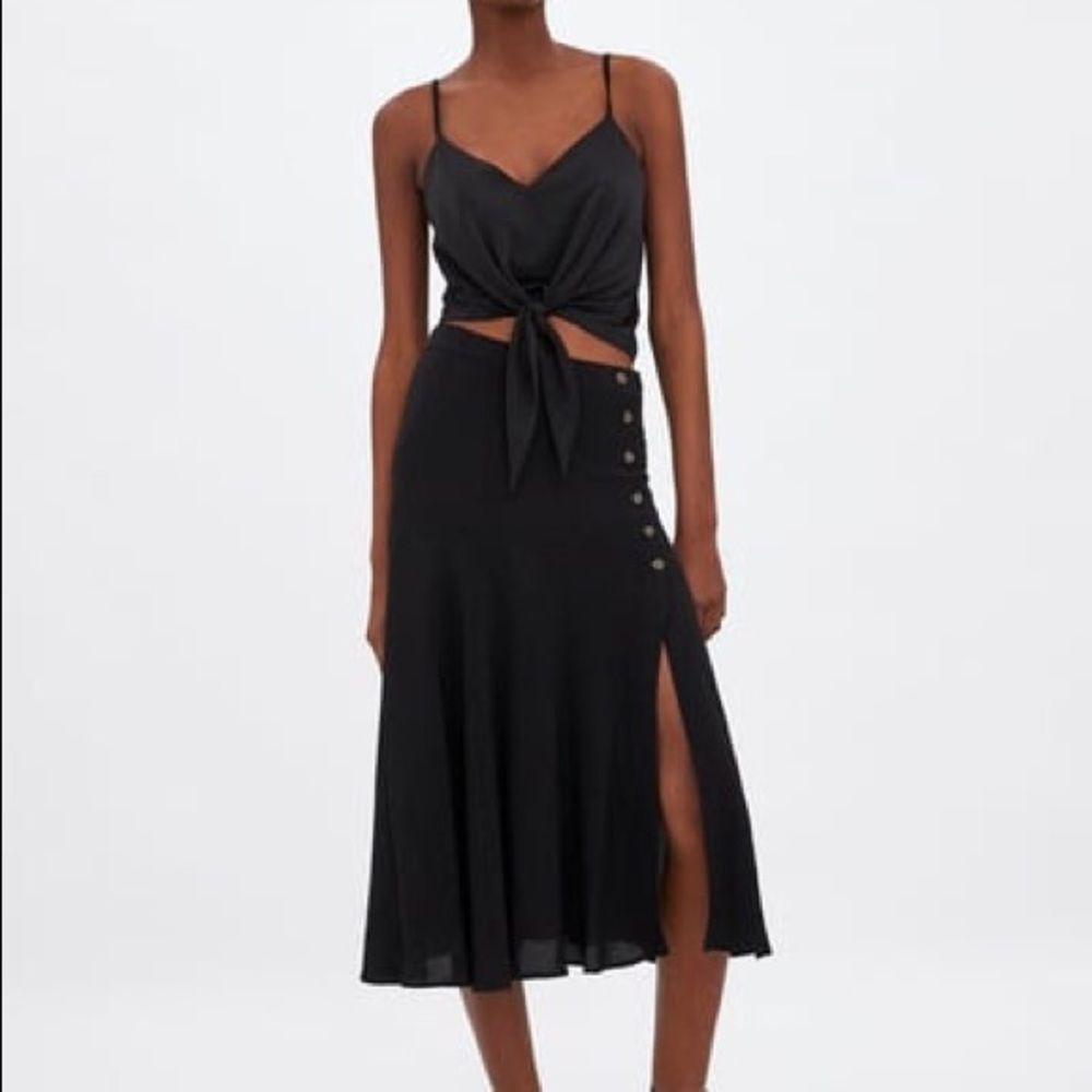 Zara Black Midi Skirt with Buttons on the side
